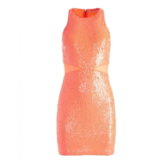 Alice + Olivia Cara Orange Sequined Mesh Sleeveless Mini Dress Size 2 - Picture 15 of 16